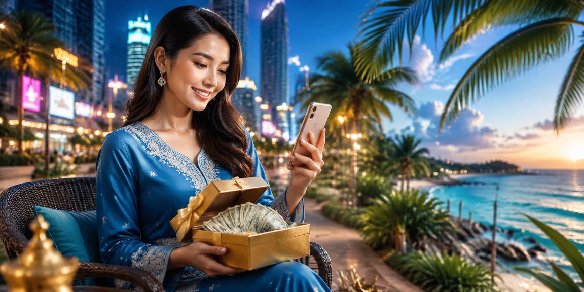 Pemain wanita Malaysia menggunakan aplikasi mudah alih alibaba66 dengan baju kurung di Kuala Lumpur